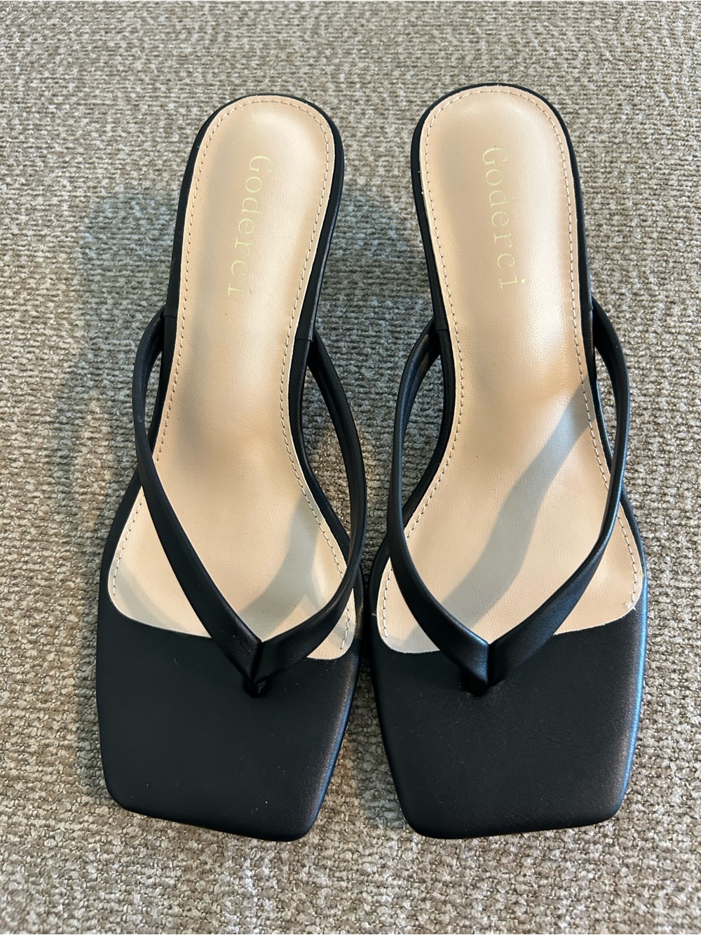 Black Square-Toe Thong Sandals with Straps